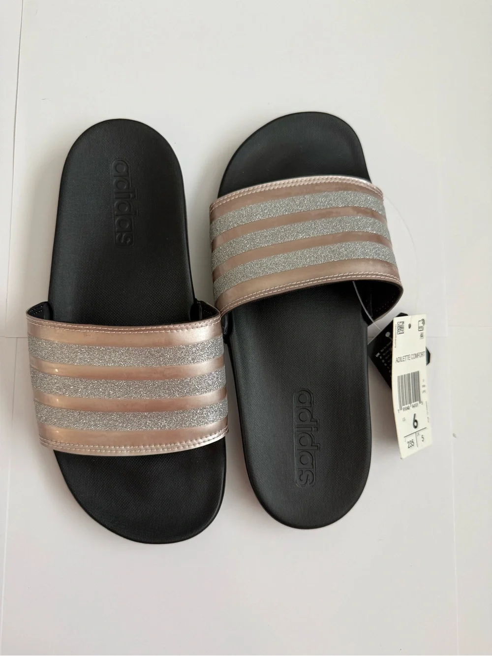 adidas Women’s Rose Gold and Silver Glitter Slide Sandals